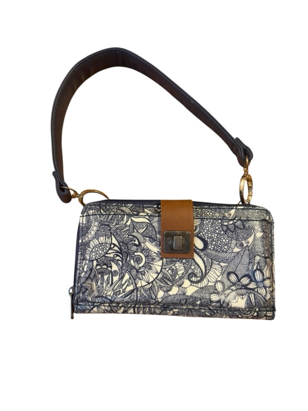 SAKROOTS Navy & Cream Floral Wristlet with Tan Accent